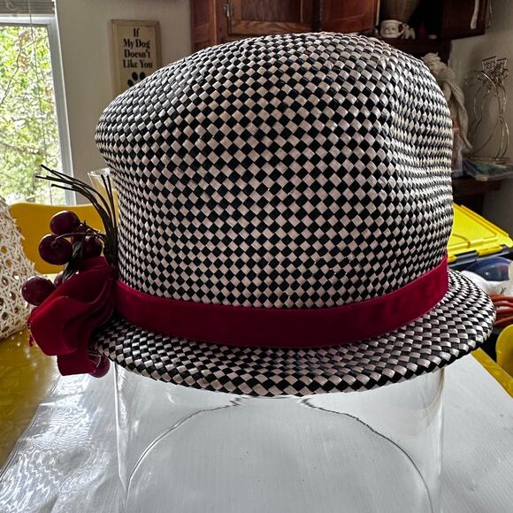 Vintage Mr John Classic Straw Hat Red Velvet Berries Accent Black White Paris NY
